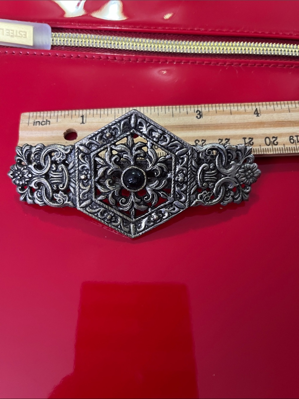 Ornate Silver-Tone Floral Filigree Hair Barrette with Black Accent